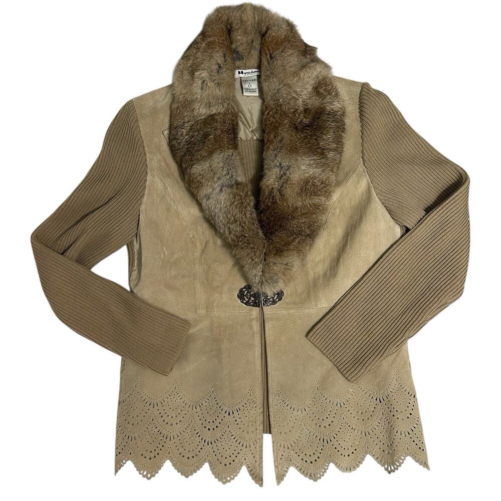Peter Nygard Collection Petites Suede Jacket S Removable Fur Collar Knit Sleeves